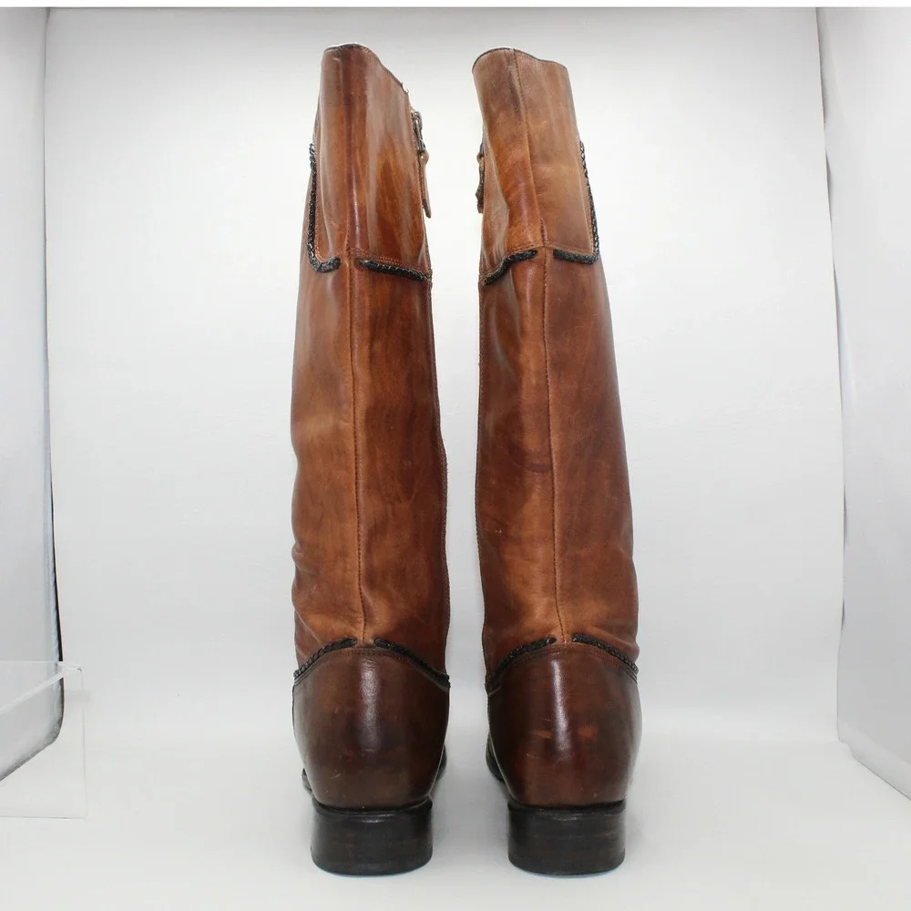 Sonora Tan Distressed Leather Tall Riding Boots Braided Trim Women 11 B SN 5228